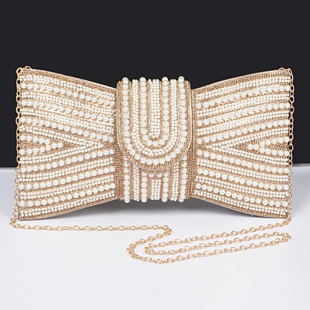 NWT Brand New Pearl Studs Metallic Bow Tie Clutch Handle Bag- GOLD